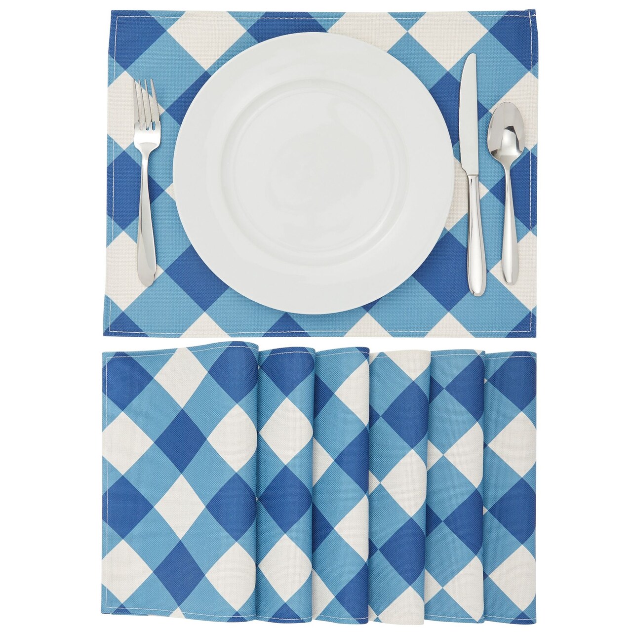 Set of 6 Blue and White Plaid Cloth Placemats, 16.5 x 12.6 Inches Burlap and Polyester Washable Table Mats with Buffalo Design, Farmhouse-Style Dining Table Decorations